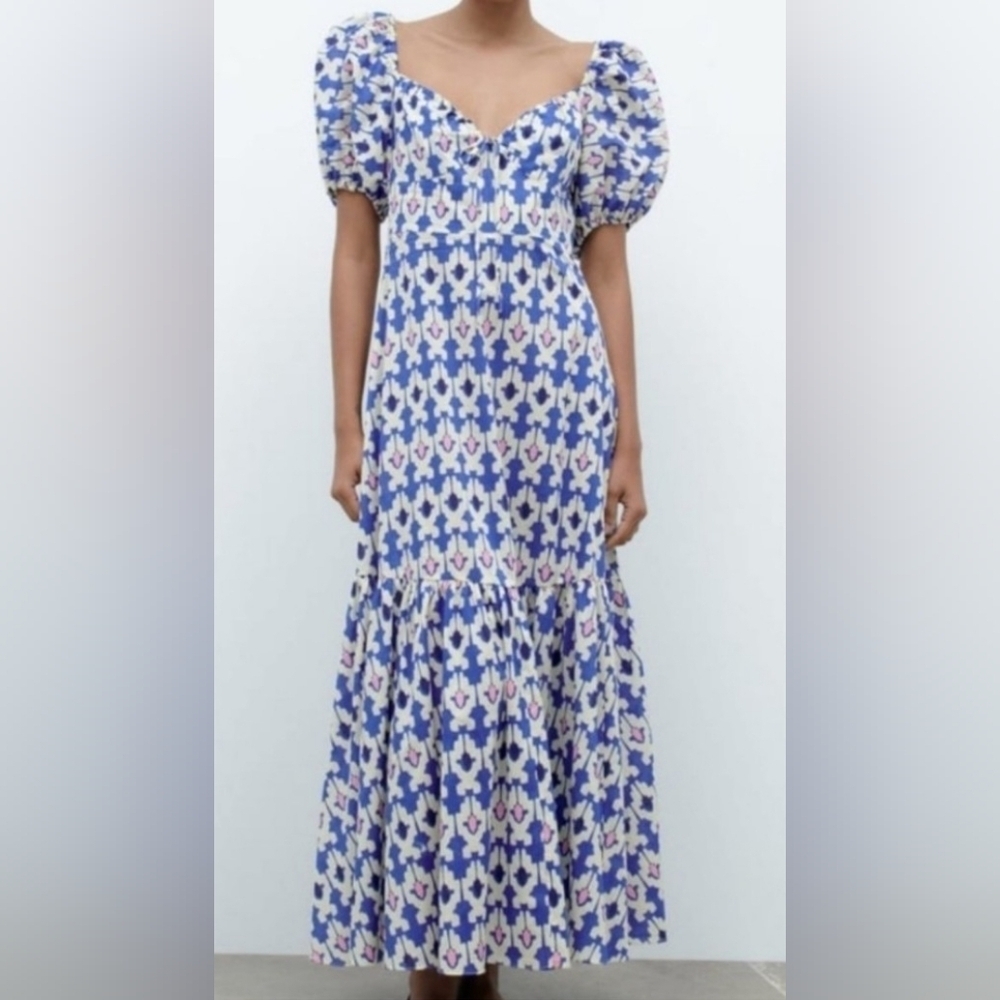 Zara Women's Geometric Pattern Maxi Dress | Blue Cream Pink | Size Medium